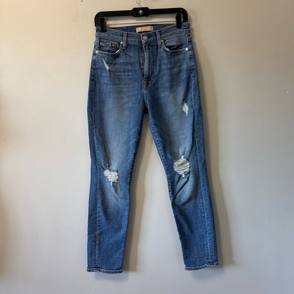 7 For All Mankind HIGH WAIST ANKLE SKINNY Blue Distressed Ankle Jeans SZ 27 - Picture 3 of 11